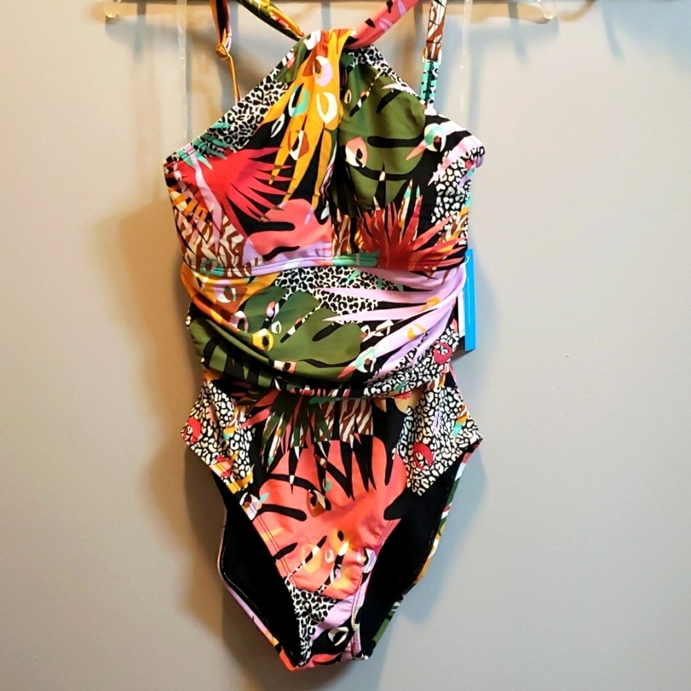 Bleu Rod Beattie Tropical Leaves/ Animal Print One Piece Swimsuit, 6